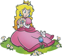 artwork of princess peach from the super mario bros series sitting in a patch of grass, holding a white flower crown. she looks at a white butterfly that has landed on a blue tulip nearby.