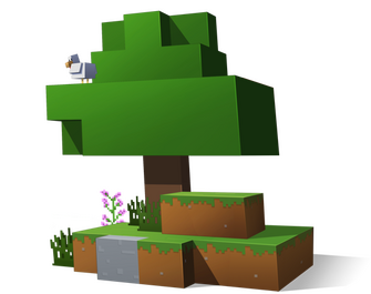 a render of a minecraft tree on some grass, with a chicken at the top of the tree.
