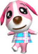 a render of cookie from animal crossing. she's a pink and white dog with a pink, white and blue tartan shirt.