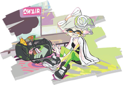 promotional splatoon art for the callie vs marie splatfest. marie is sitting down next to her briefcase covered with keychains and packed with snacks. over her regular idol clothes, she's wearing some sneakers and a loose jacket hangs on her shoulders. she