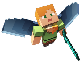 a render of alex from minecraft flying with an elytra and holding a diamond sword