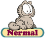 artwork of nermal from garfield, he is sitting above a nameplate labelled with his name.